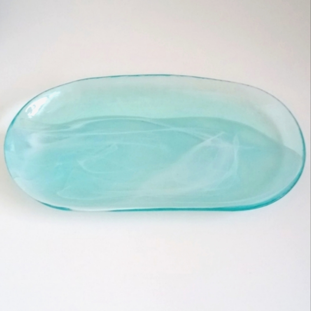 ArdaCam Blue Swirl Tabletop Turkish Blown Glass Serving Platter 14” x 7 1/2”